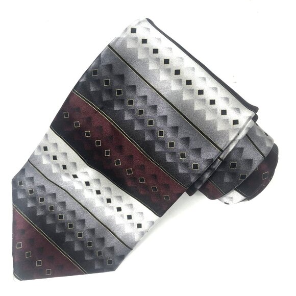 Giorgio Brutini Collezione Silk Tie - Geometric Diamond Pattern, Gray & Burgundy - Picture 1 of 5